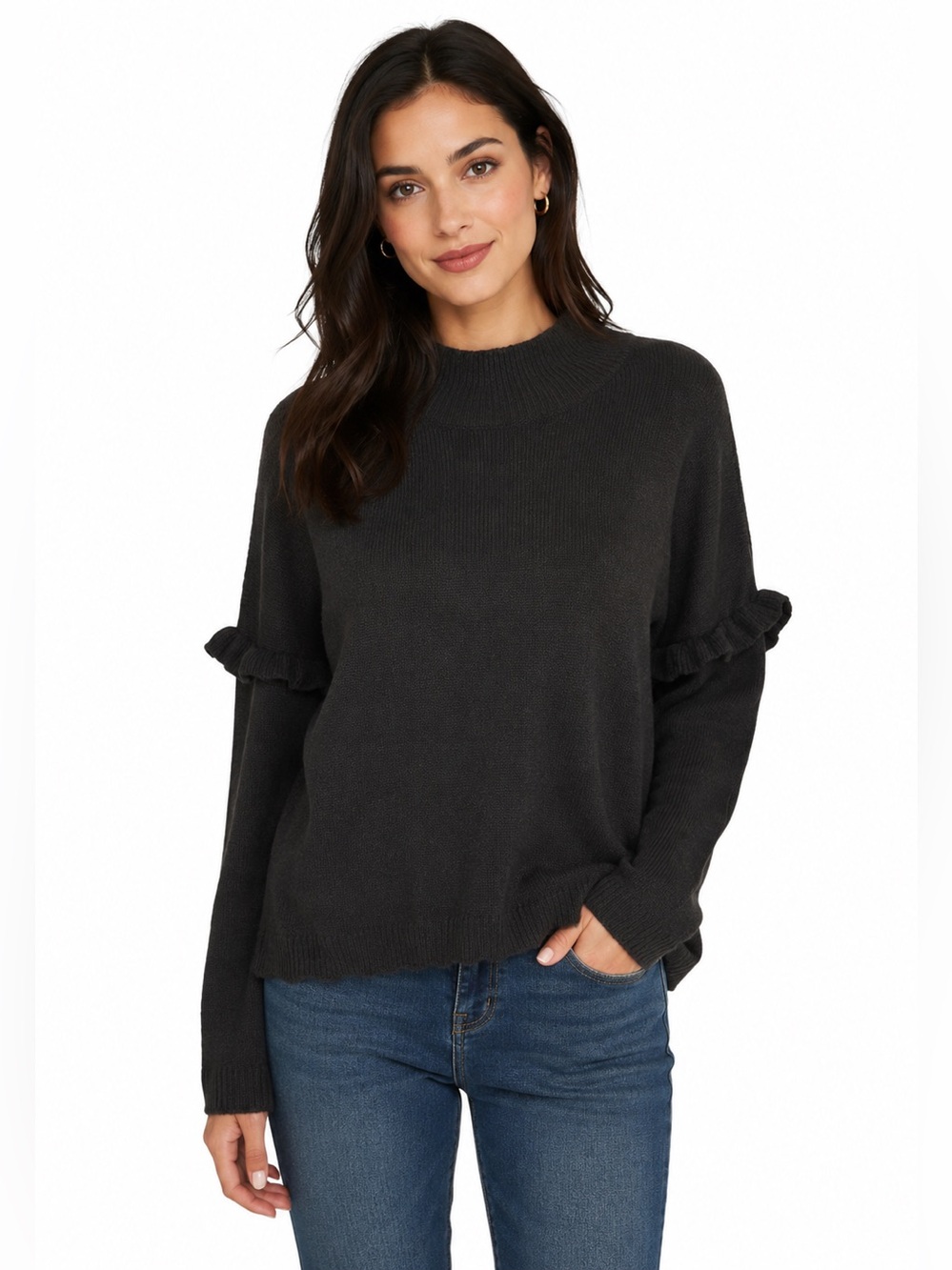 Anthropologie Kaisely Ruffle Sleeve Knit Sweater Oversized Charcoal High Low